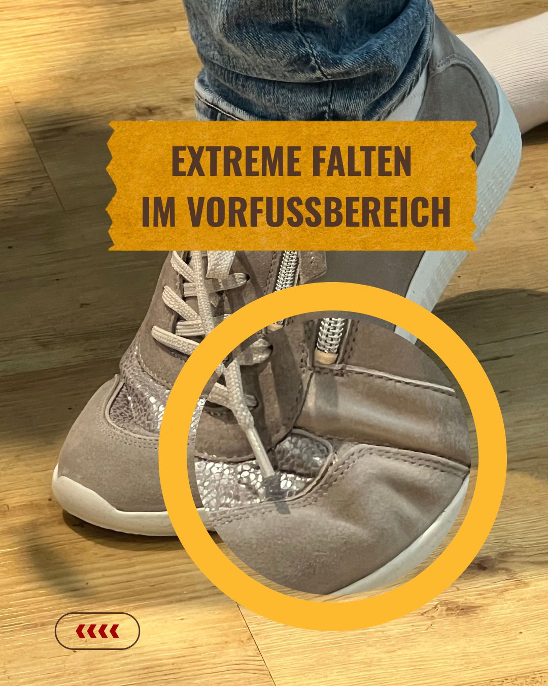 Nahansiicht Faltenbildung beim zu weiten Schuh