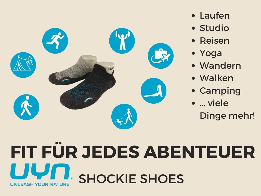 Fit für jedes Abenteuer shookie shoes von uyn Collage mit den Vorteilen und anwendungszwecken von Shookie shoes von UYN
