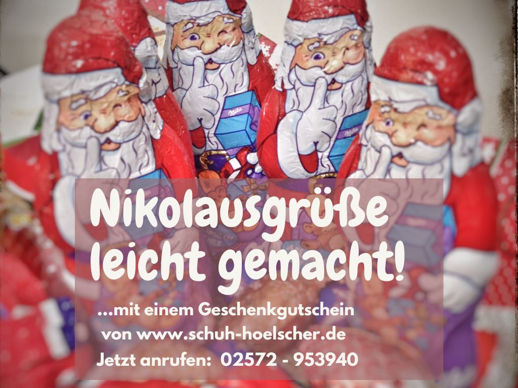 Hilfestellung für Nikolausgrüße Bild von Schokonikoläusen mit Hinweis auf schön verpackte Gutscheine von Schuh Hölscher
