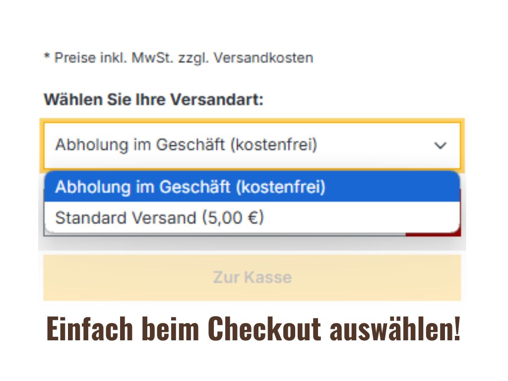 Abholung im Geschäft oder Click and Collect Screenshot zeigt Auswahl der Option Abholung im Geschäft (keine Kosten)