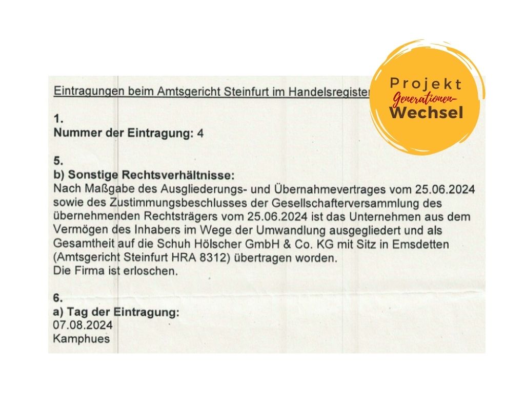 Generationenwechsel bei Schuh Hölscher Auszug aus dem Handelsregister Einzelfirma erloschen
