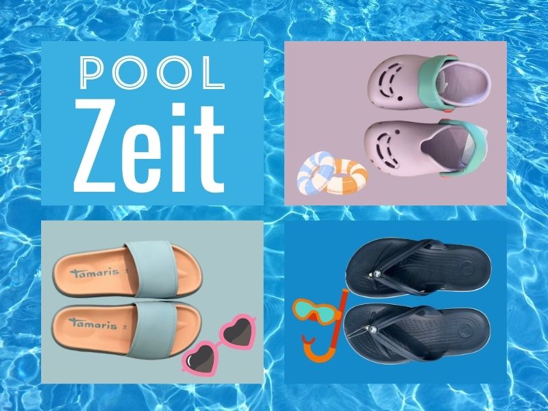 Collage mit Sommerschuhen für Männer Frauen und Kids für die Poolzeit