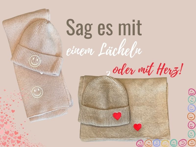 Mützen und Schals mit Smiley oder Herzchen