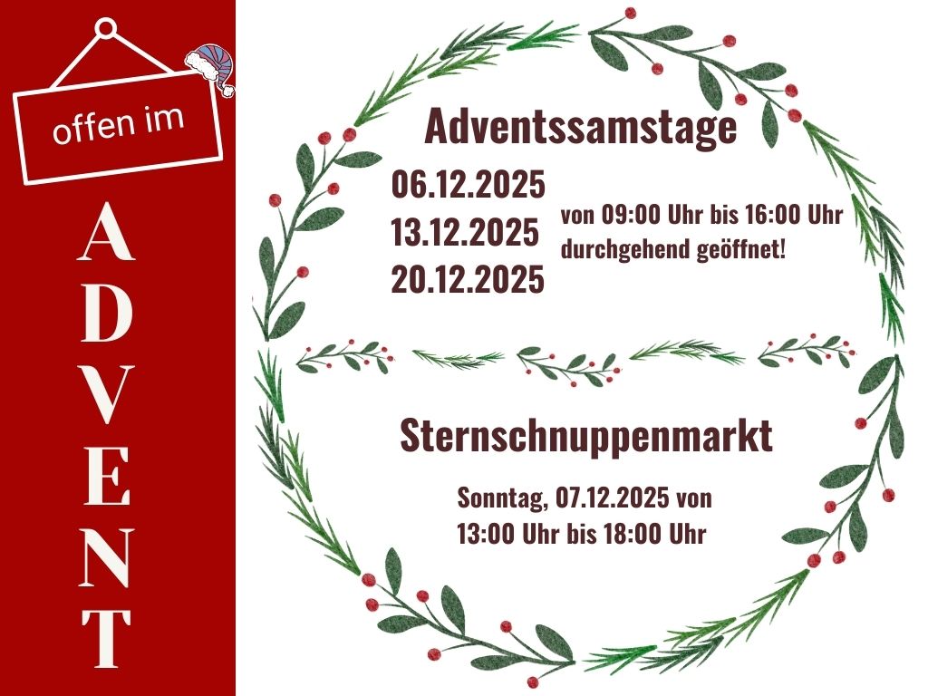 Grafik mit adventlicherDeko und den Hinweisen auf Öffnungszeiten im Advent