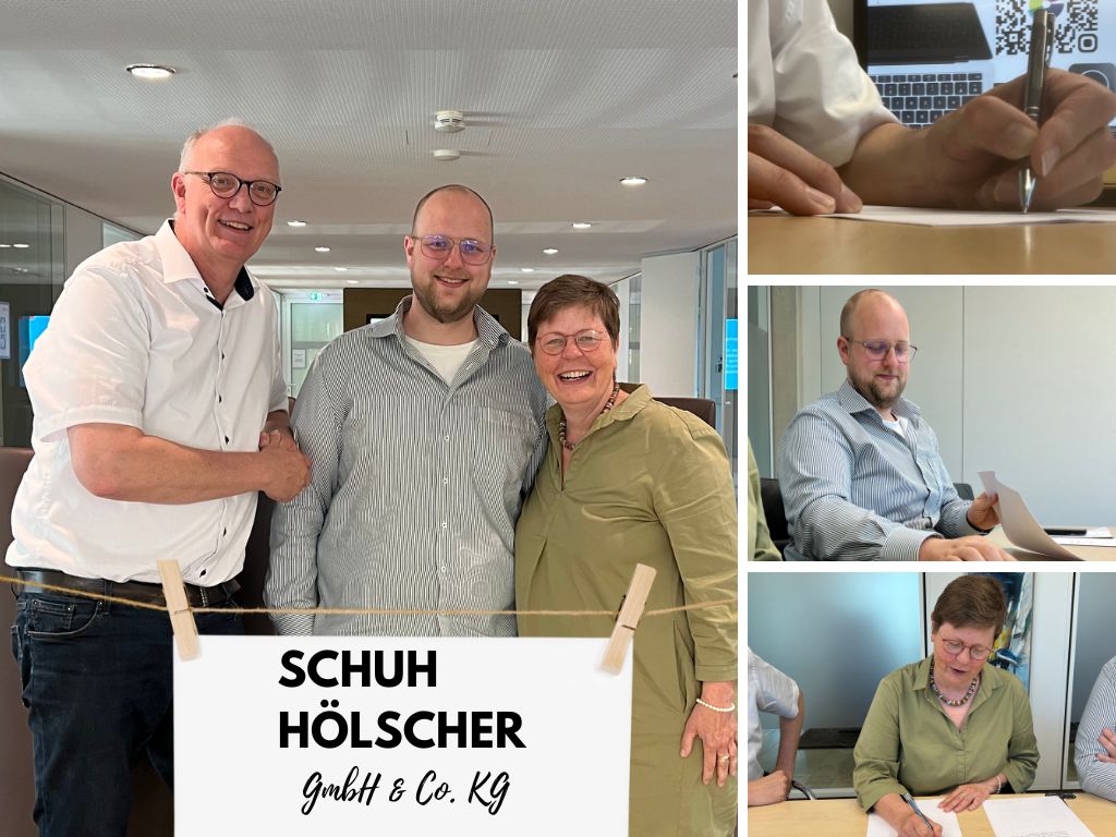 Gernerationenwechsel bei Schuh Hölscher Collage zur Unterzeichnung der neuen Gesellschaftsverträge