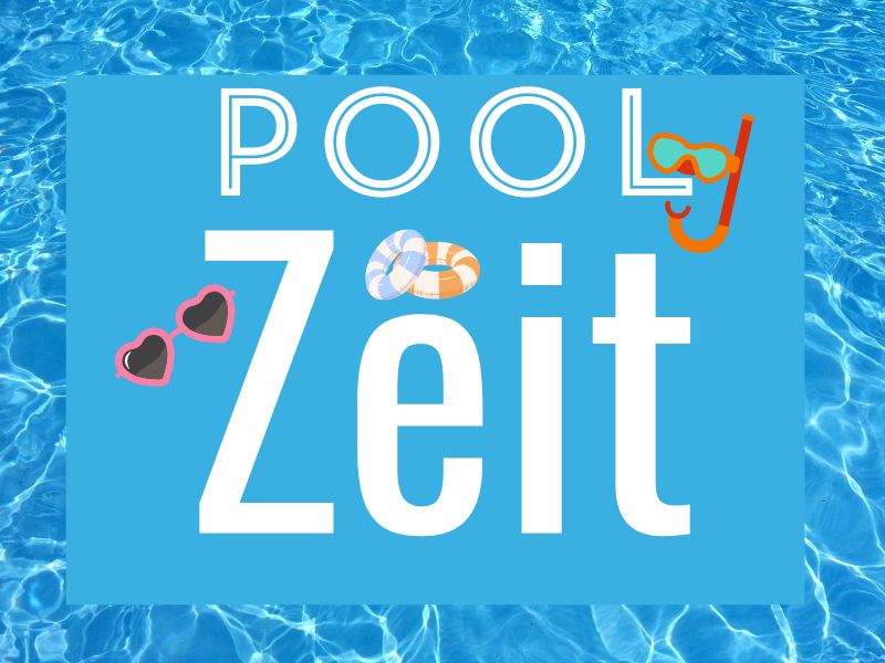 Pool-Zeit-Header-mit_Badeutensilien und Pool Hintergrund